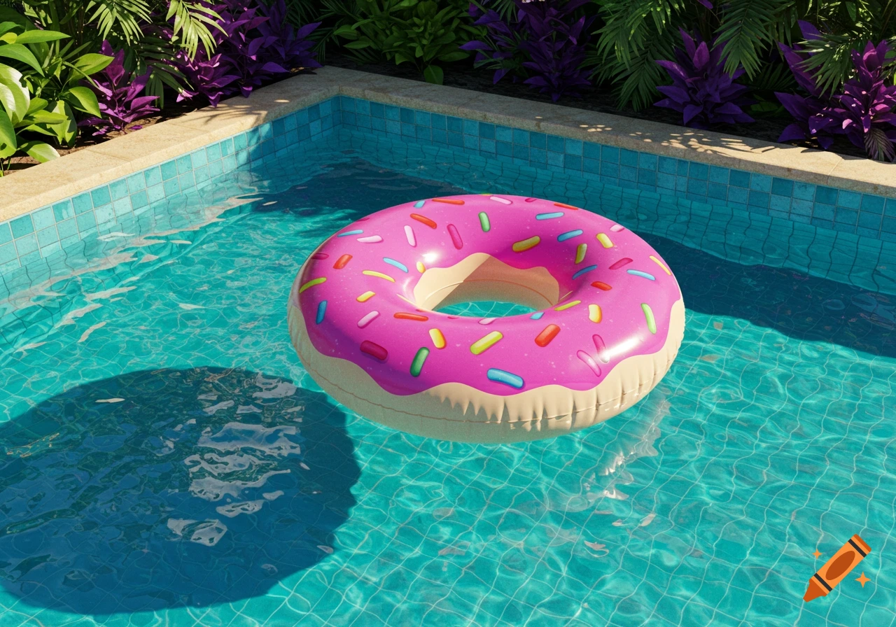 A vibrant pink donut-shaped pool float with colorful sprinkles drifts in a clear blue swimming pool surrounded by lush green and purple plants.