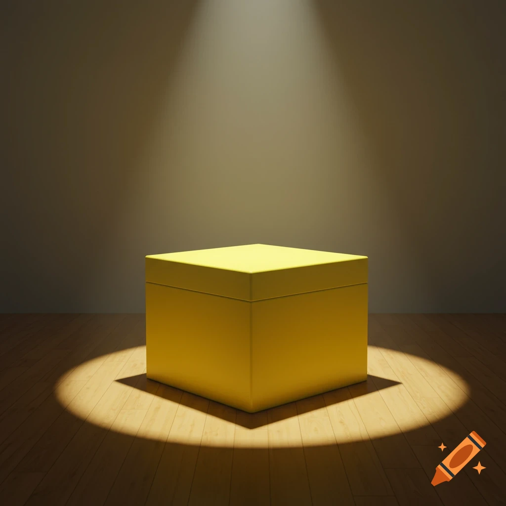 A bright yellow box sits on a wooden floor, illuminated by a spotlight from above in a minimalist room.