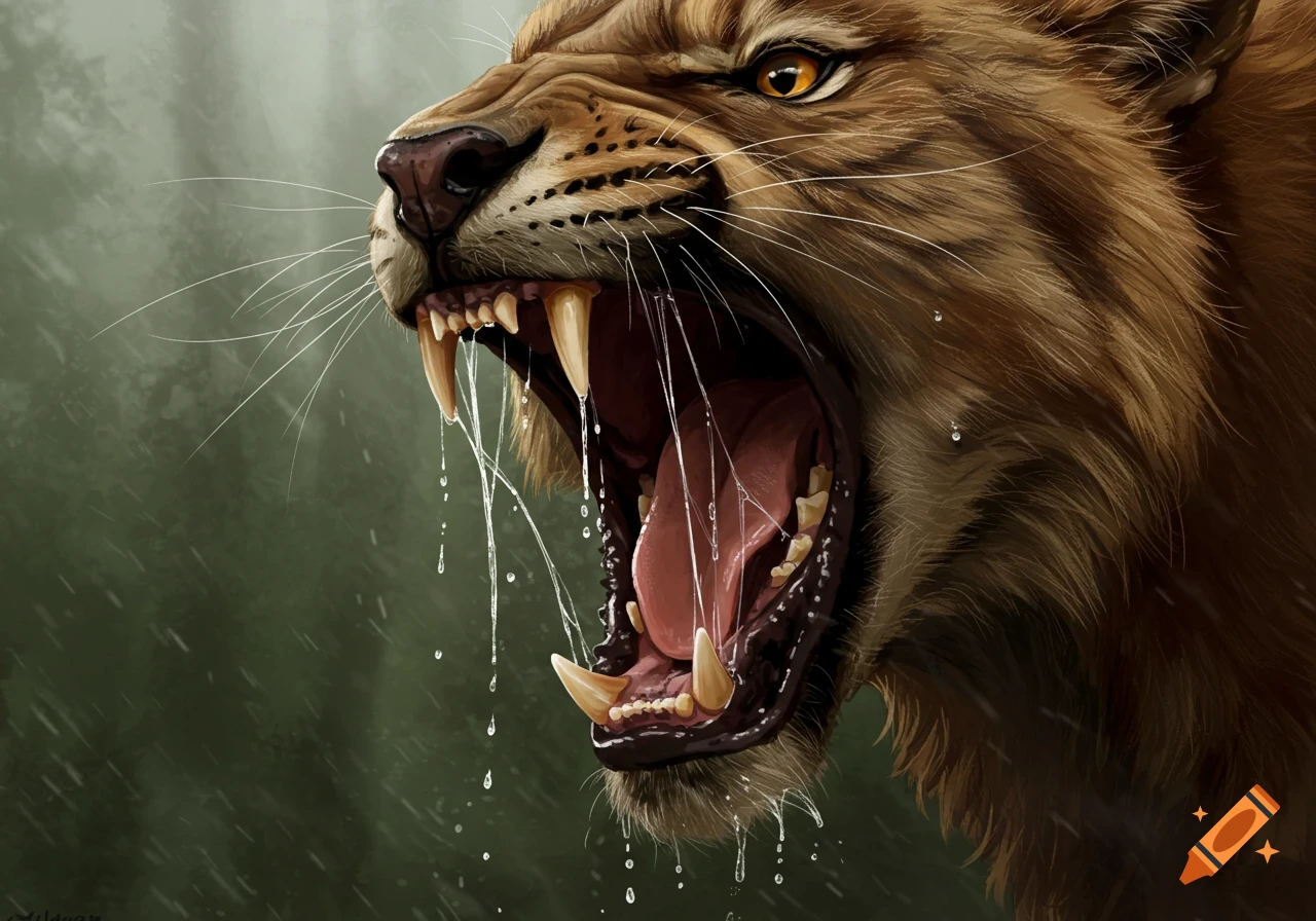 Close-up digital painting of a roaring saber-toothed cat with saliva dripping from its fangs and mouth.