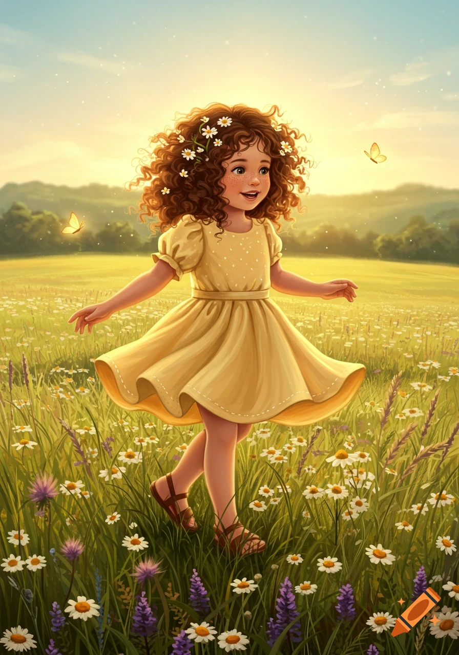 A smiling cartoon girl with curly hair and daisies in a yellow dress dances in a sunny wildflower field with butterflies.