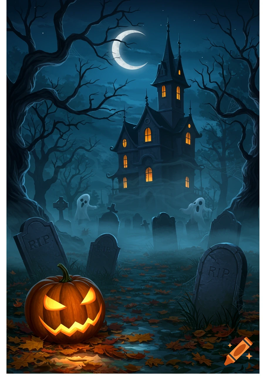 A spooky Halloween night scene with a glowing jack-o'-lantern, gravestones, ghosts, and a haunted house under a crescent moon.