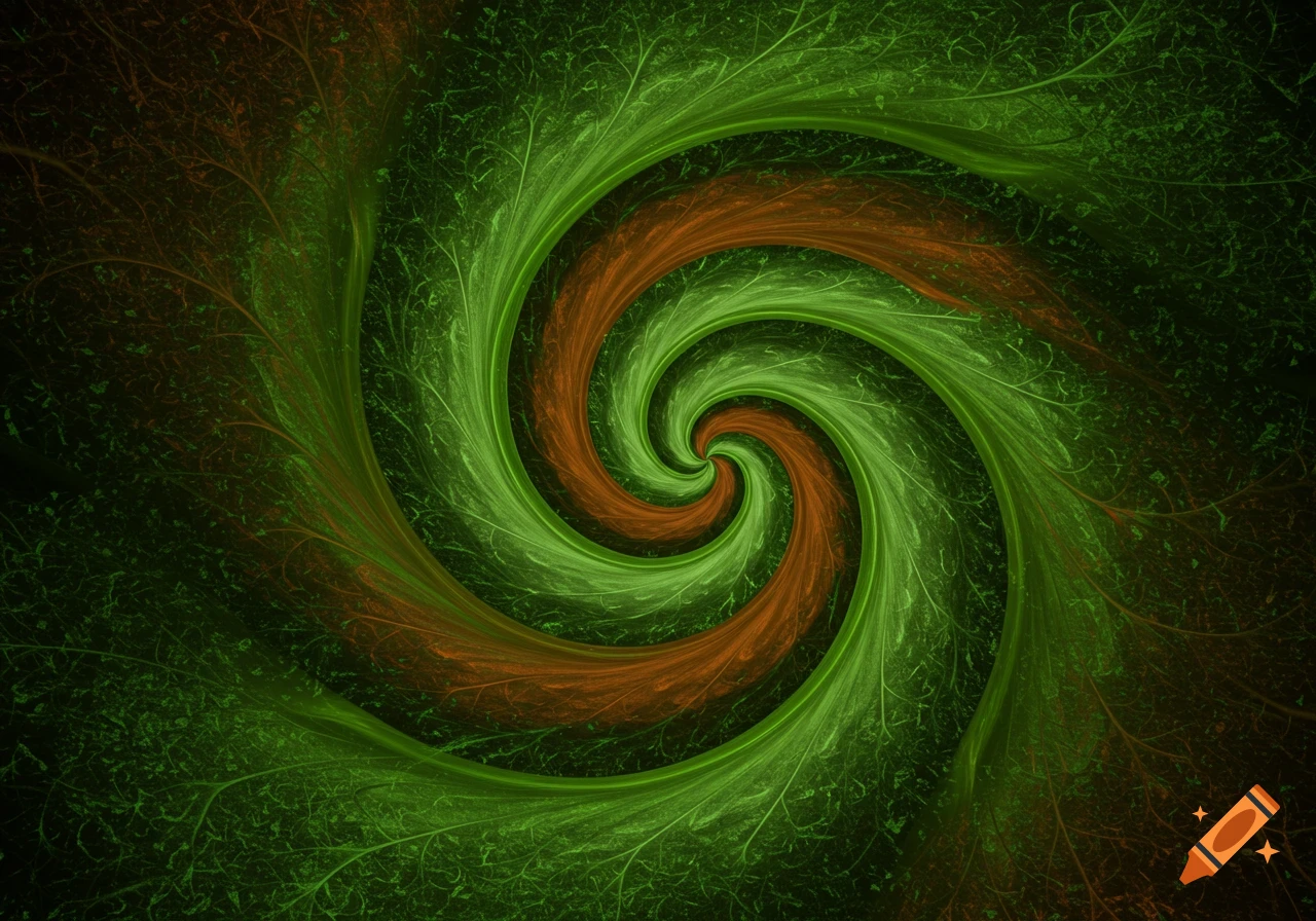 Green and orange abstract swirl with intricate leaf-like patterns on a dark background.
