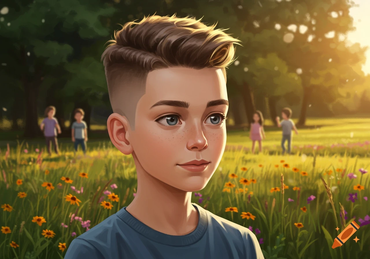 A digitally painted close-up of a young boy with a modern haircut in a sunny field of wildflowers, with blurred children in the background.