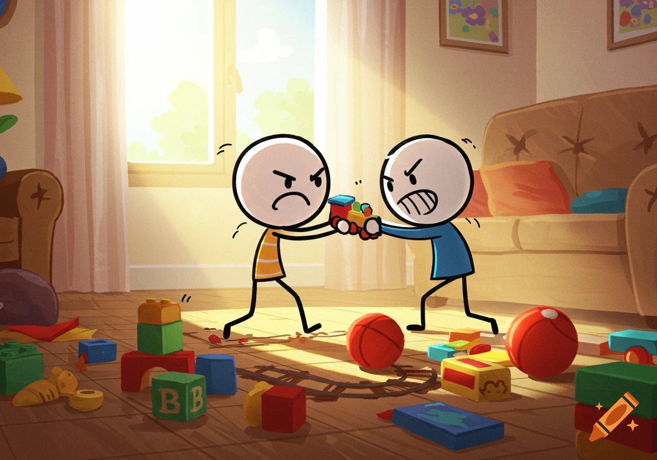 Two cartoon stickmen children angrily fight over a toy train in a messy room filled with colorful toys.