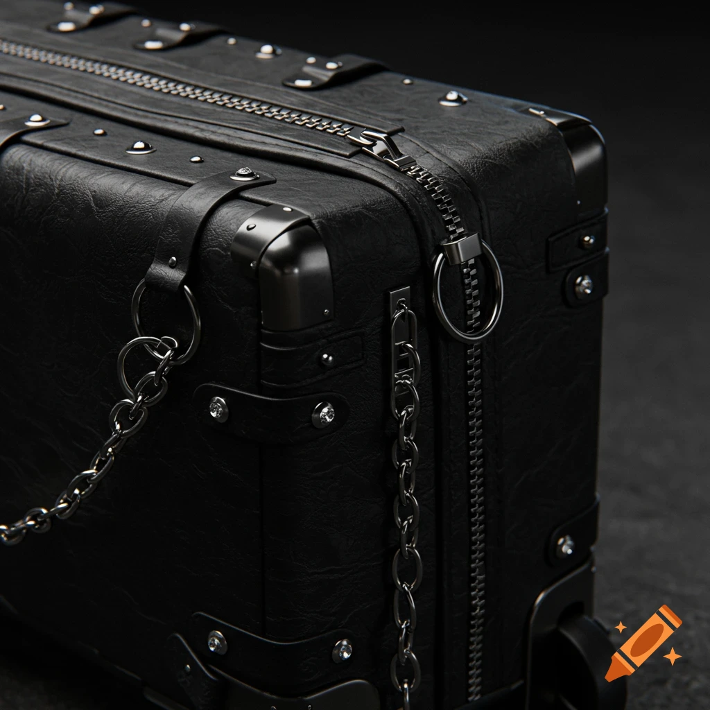 Photorealistic close-up of a black urban trolley in industrial style, featuring metal rings, chains, and studs.