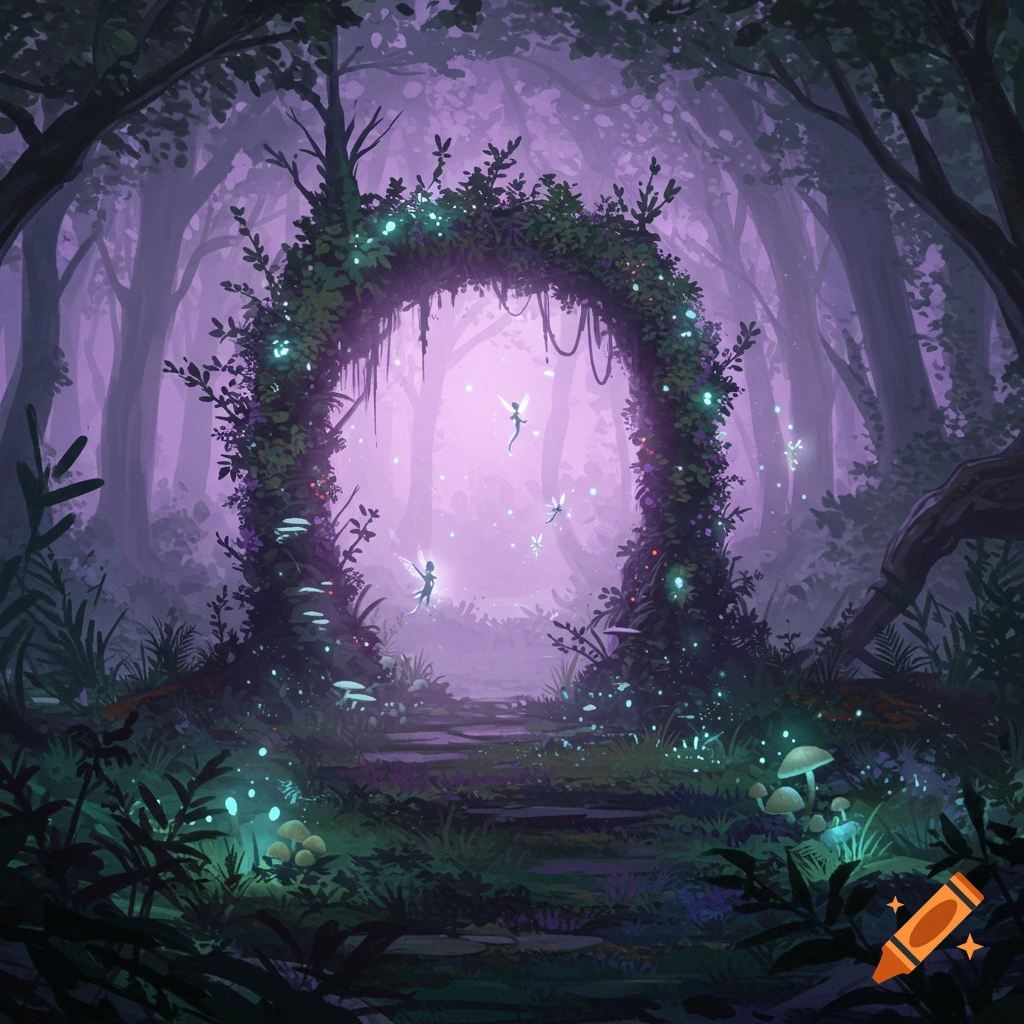 Magical, misty purple forest with a glowing vine archway and ethereal fairies, illustrated.