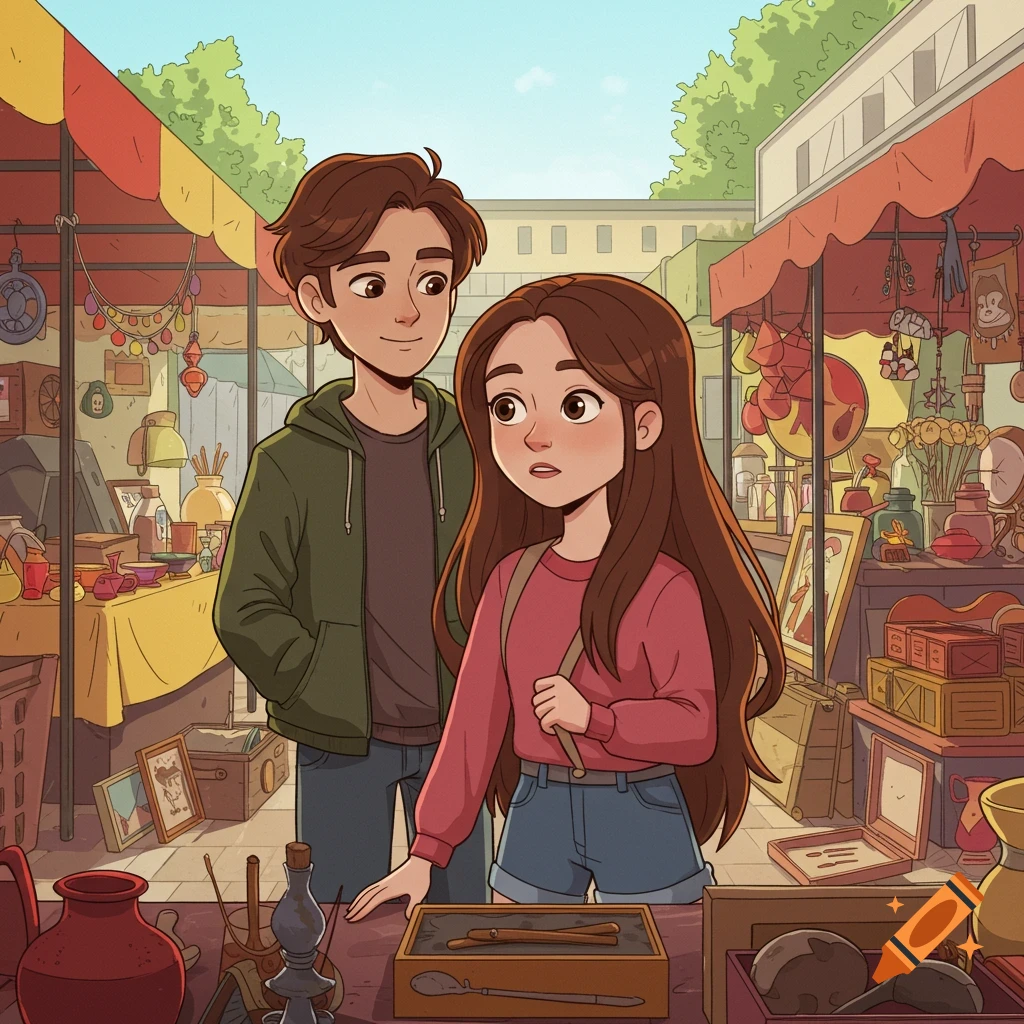 A cartoon boy and girl browse items at a bustling outdoor flea market.