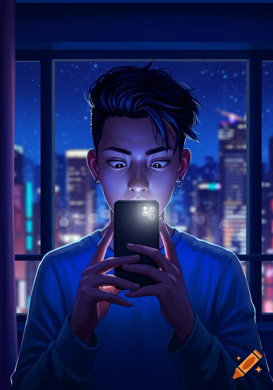 Digital art portrait of a young person with dark hair looking intently at a glowing smartphone at night, with a blurred city skyline outside a window.