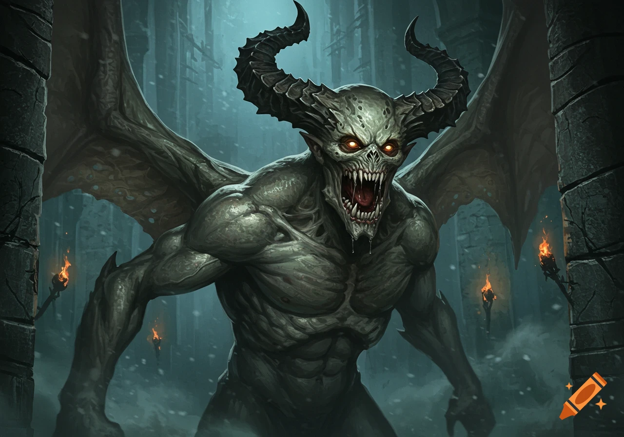 A terrifying grey-skinned demon with glowing red eyes, sharp teeth, large horns, and wings stands in a dark, snowy ancient ruin.