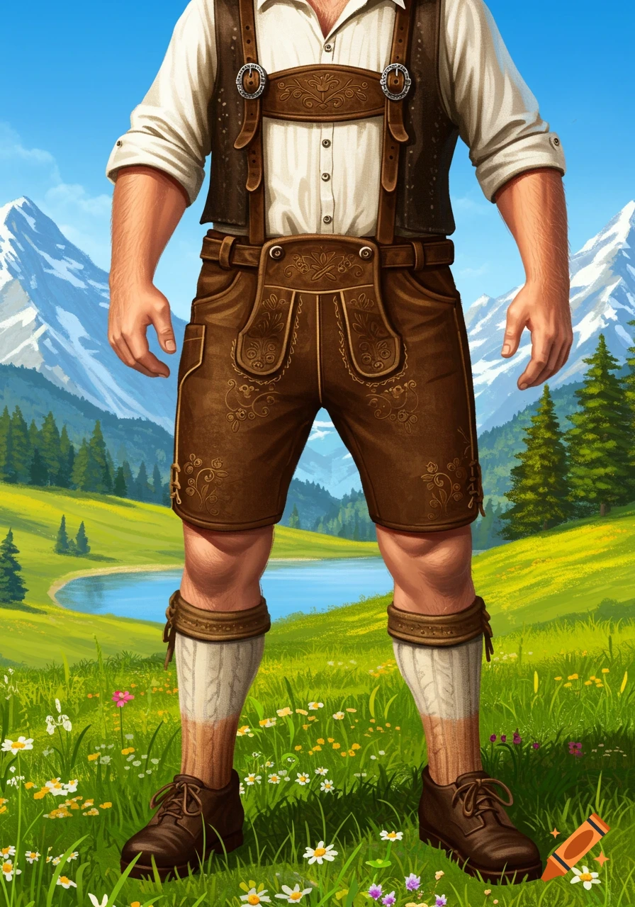 A digitally painted man in traditional brown Lederhosen, white shirt, and socks, standing in a vibrant green meadow with a lake and snowy mountains.