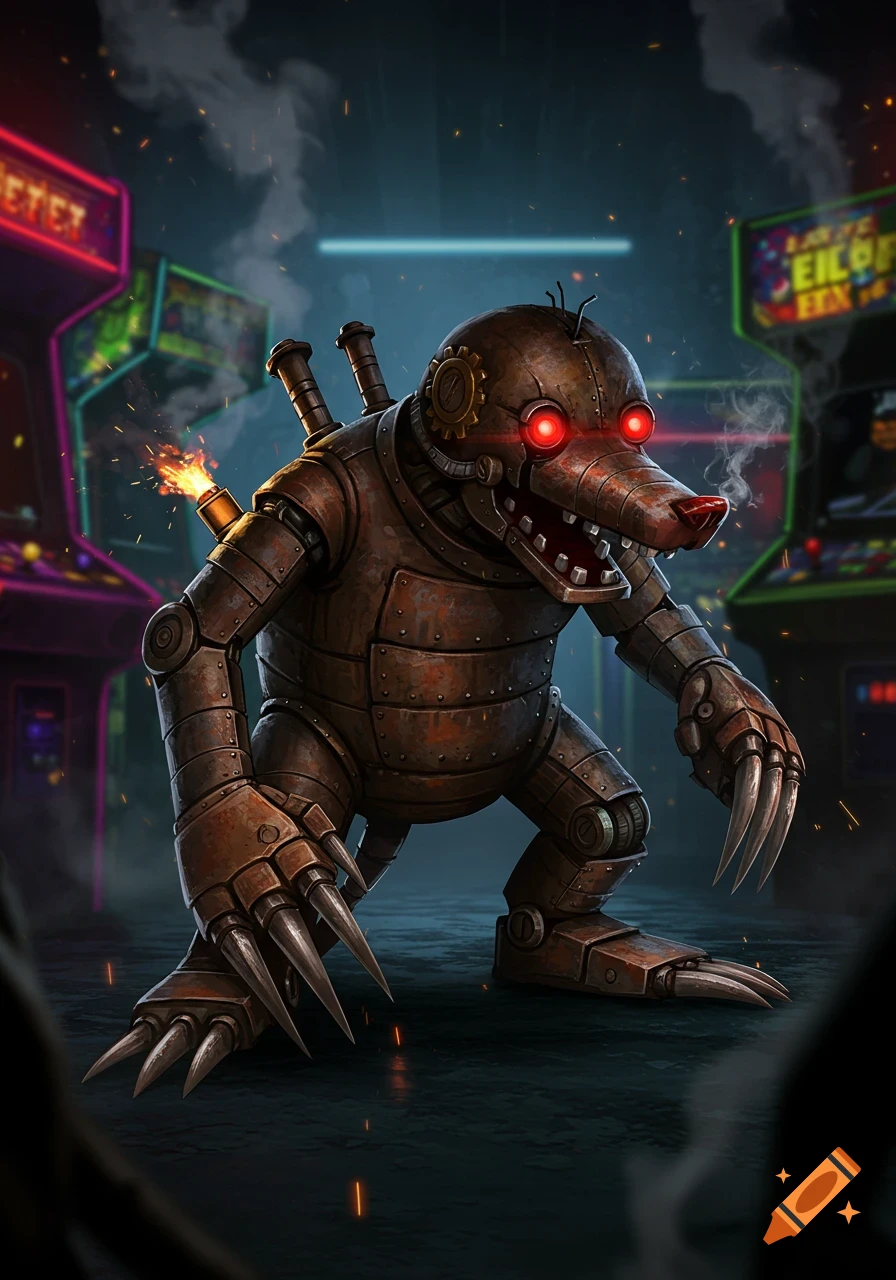 A menacing steampunk mole animatronic with glowing red eyes and sharp claws stands in a dark arcade with neon-lit machines.