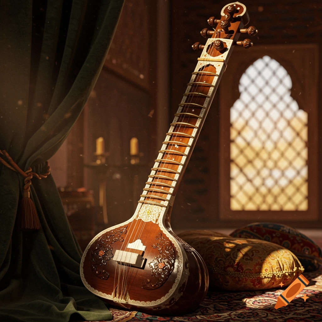 A sitar, a classical Indian string instrument, rests in an ornate room, bathed in warm light from an arched window.