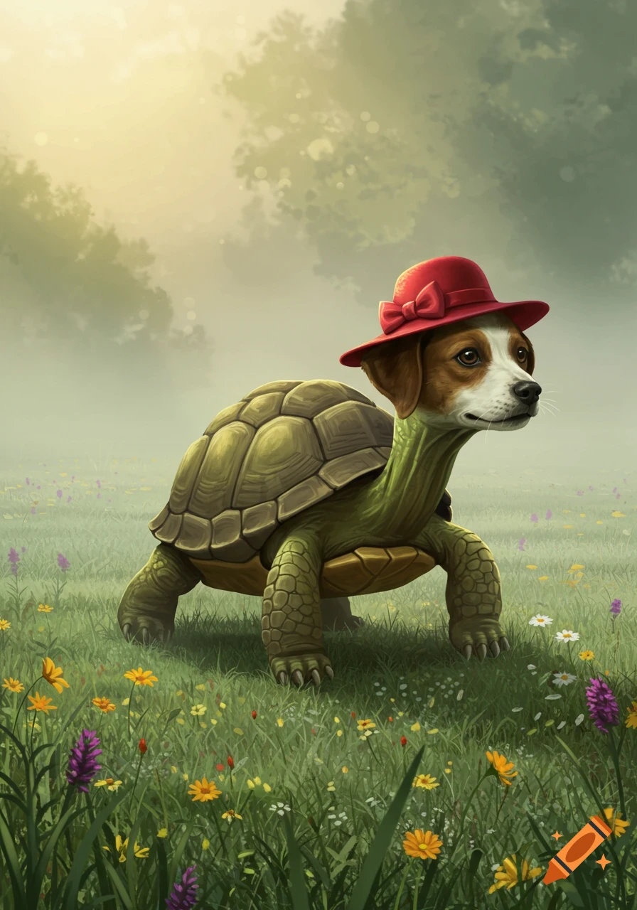 A whimsical dog-headed turtle wearing a red hat with a bow walks through a grassy field filled with wildflowers, in a painterly style.