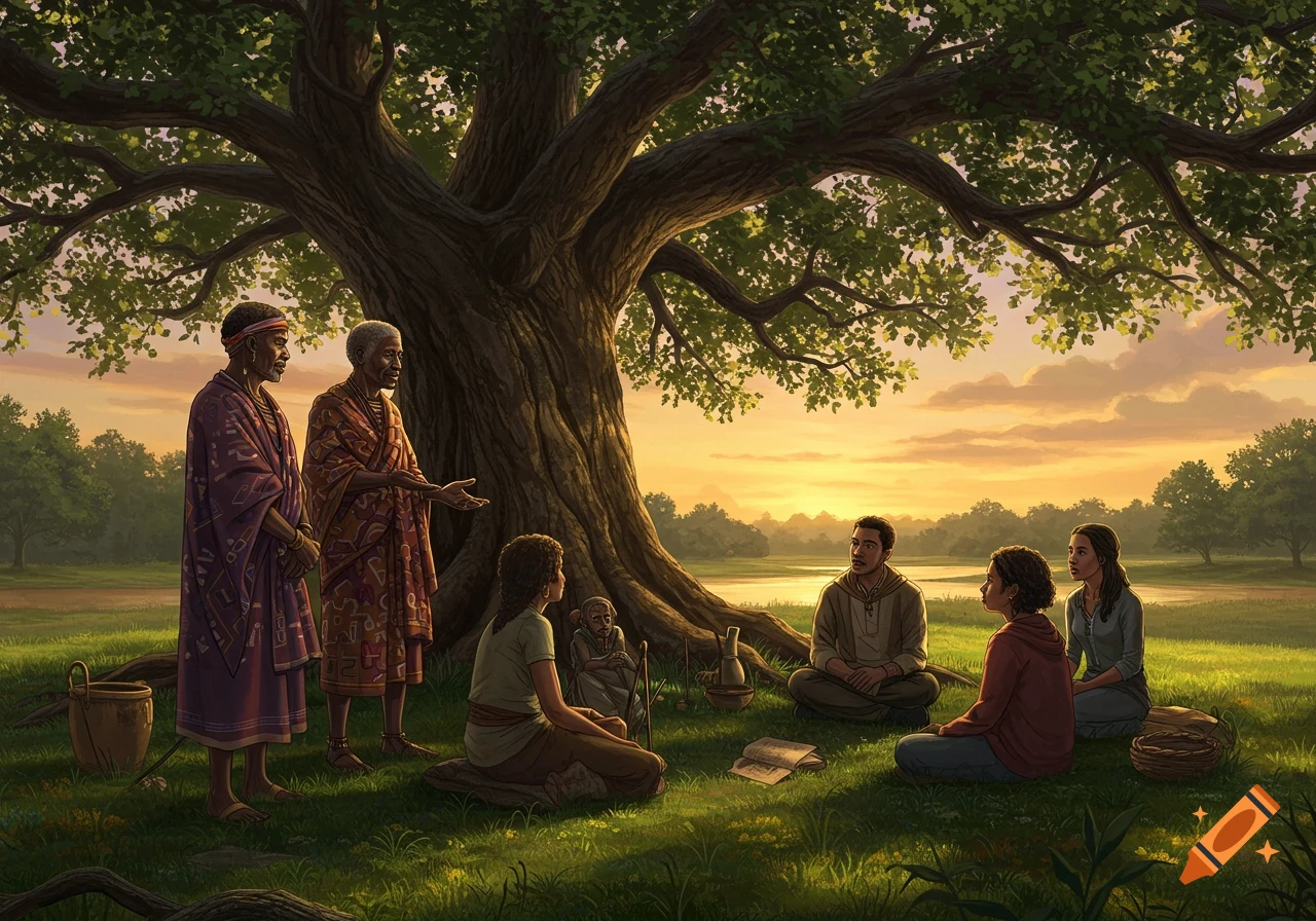 Elders and younger Black Americans gather under a large tree at sunset in a pastoral landscape, engaged in storytelling. Illustrative style.