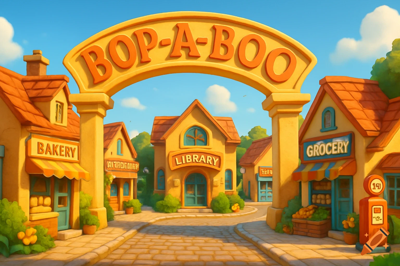 A colorful, happy-looking animated Pixar-style town with an archway entrance reading 'BOP-A-BOO'. The town features a bakery, library, and grocery store on cobblestone streets with greenery.