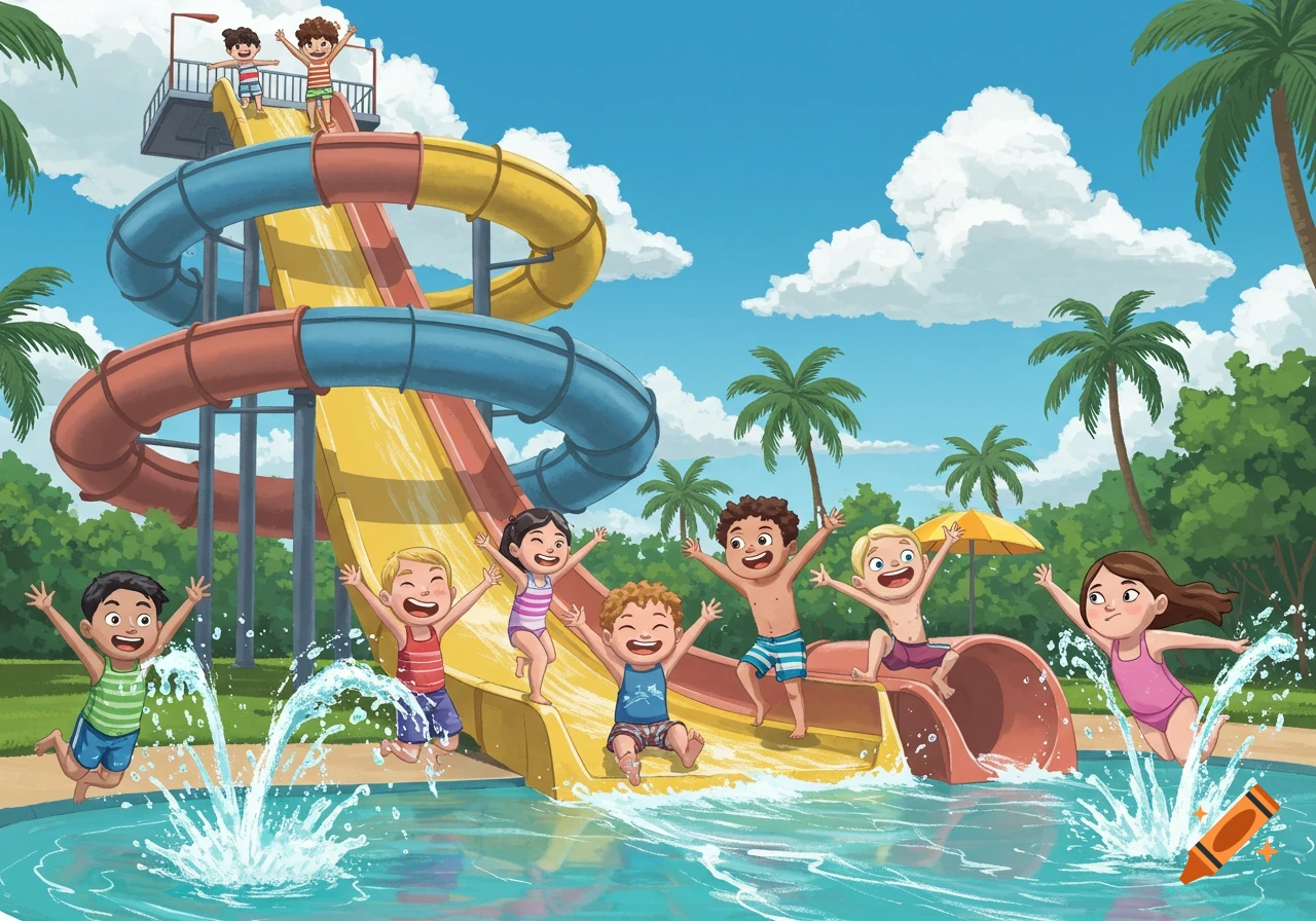 A colorful cartoon illustration of happy children playing at a water park with slides, palm trees, and splashing water.