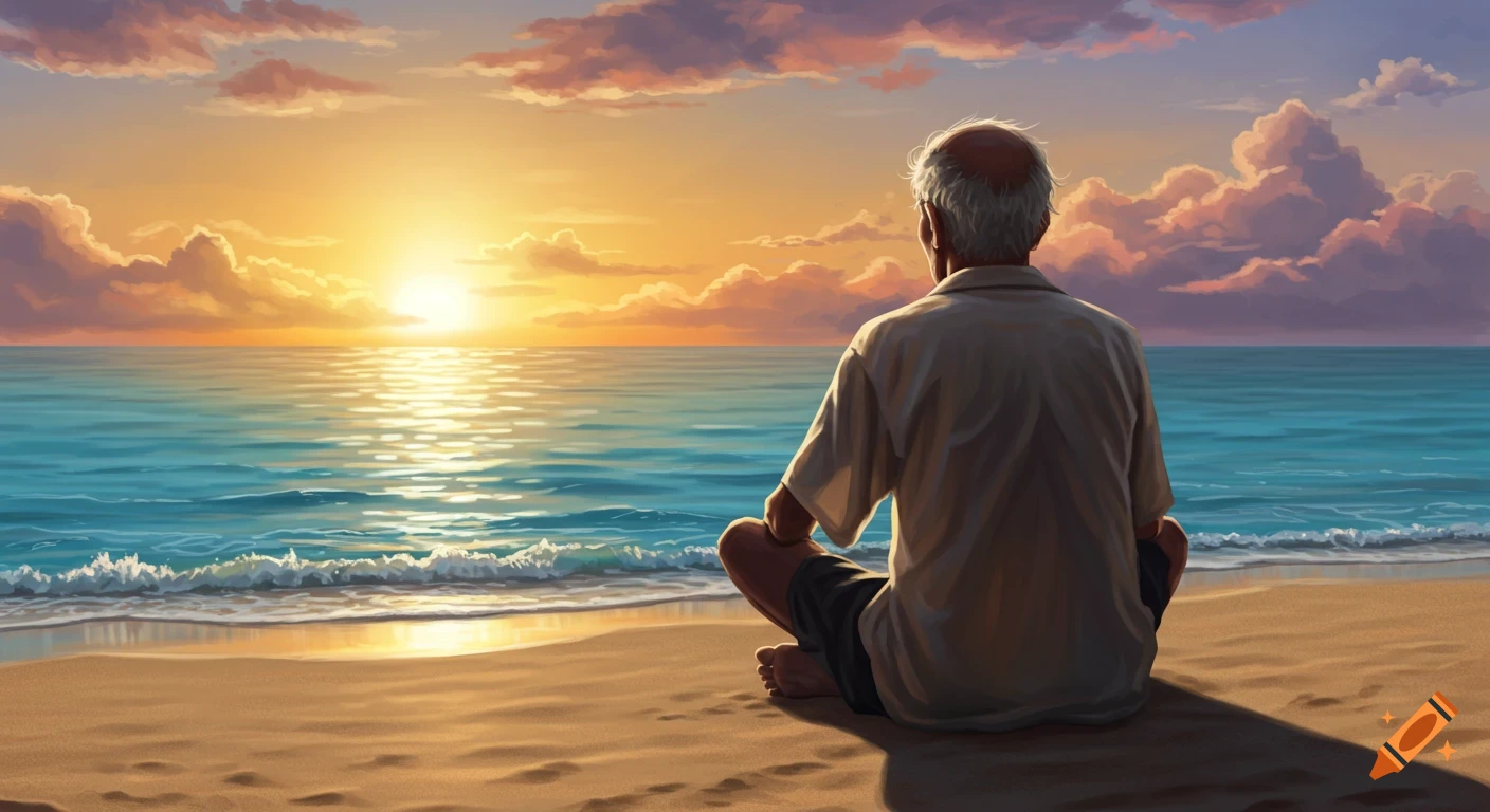 Old man sits on a sandy beach, facing a vibrant sunset over the calm ocean, with colorful clouds in the sky.
