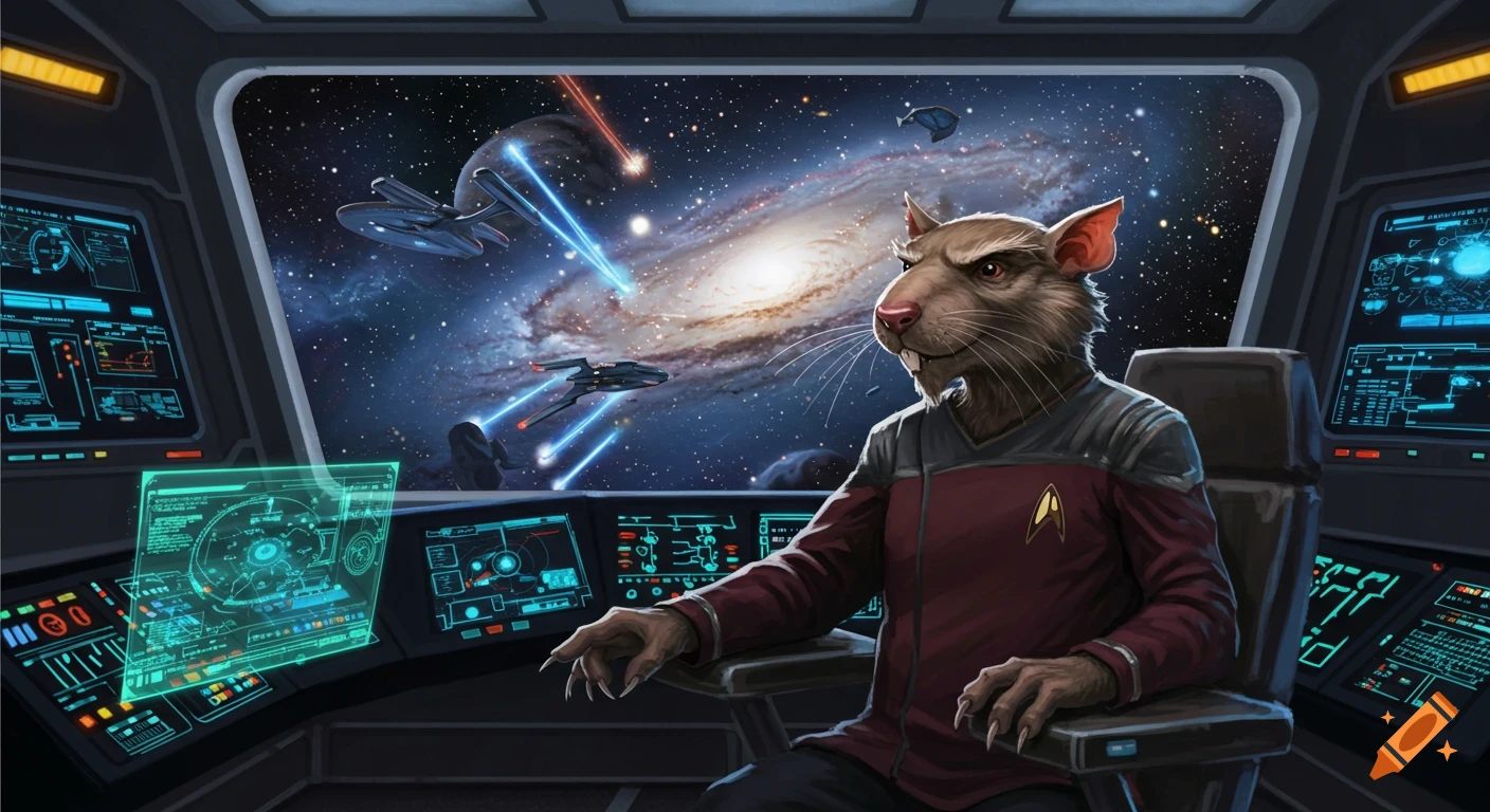 A rat-like alien in a Starfleet uniform pilots a spaceship during a space battle with other ships and laser fire, set against a galaxy backdrop.