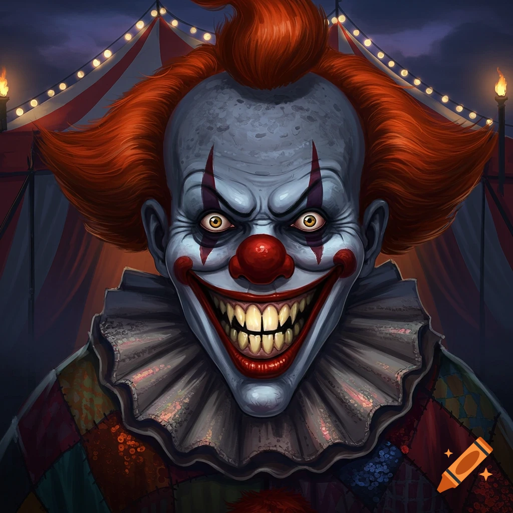 A menacing, pale-faced clown with bright orange hair, yellow eyes, red nose, and sharp, toothy grin, wearing a ruffled collar, against a dark circus tent.