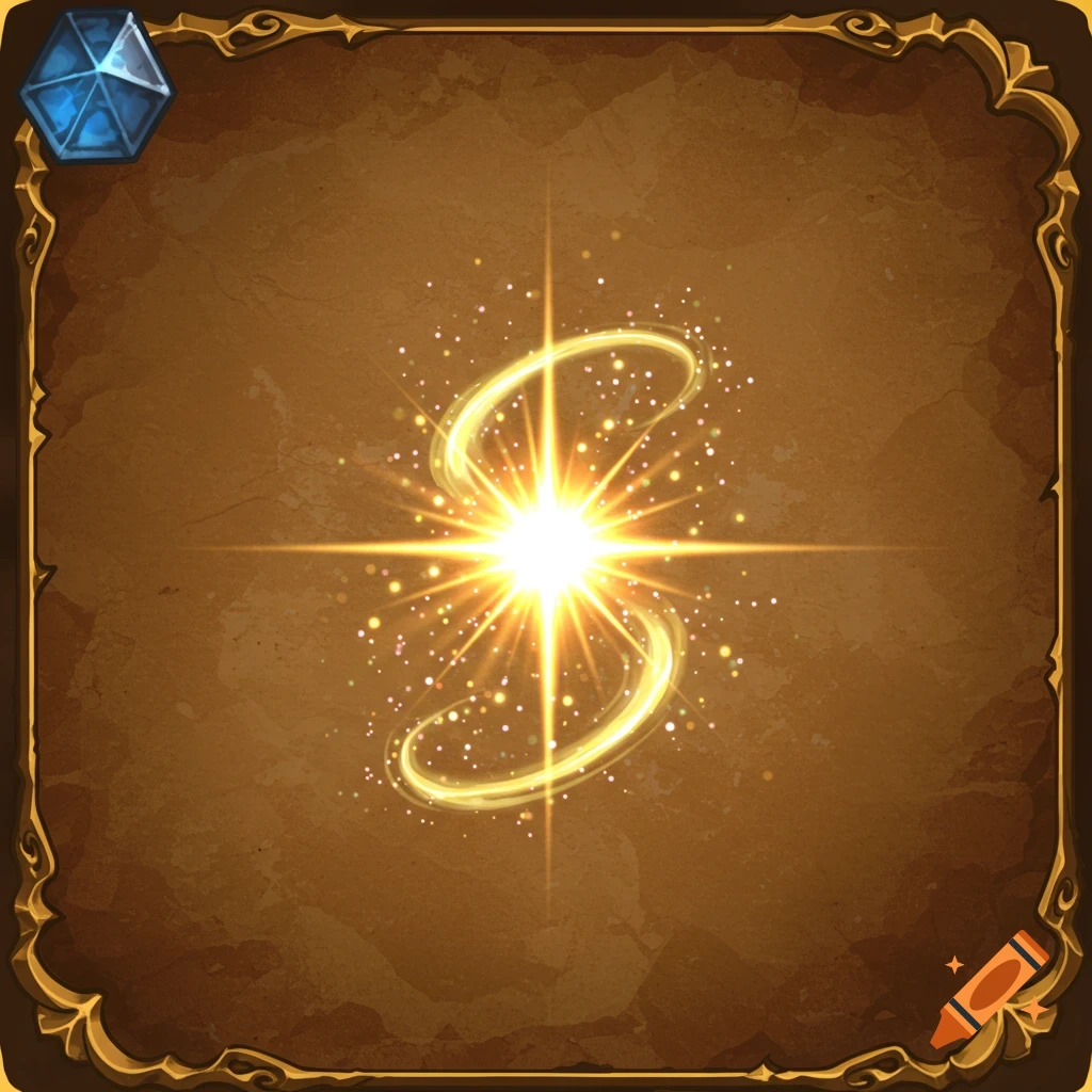 A fantasy gaming icon with a bright, glowing magic burst and swirling golden energy on a brown background, framed by ornate gold, with a blue gem.