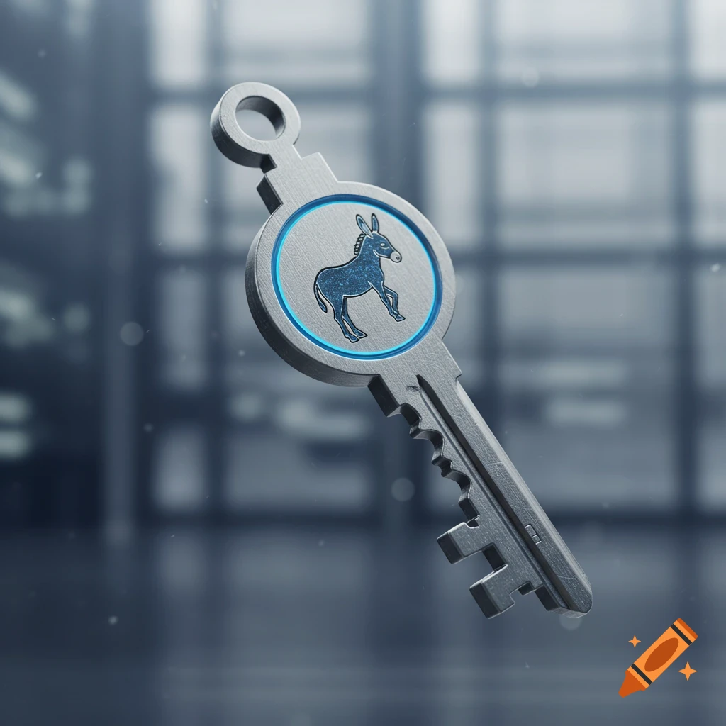 A modern metallic key with a blue glowing circle featuring a dark blue donkey symbol, set against a blurred urban background.