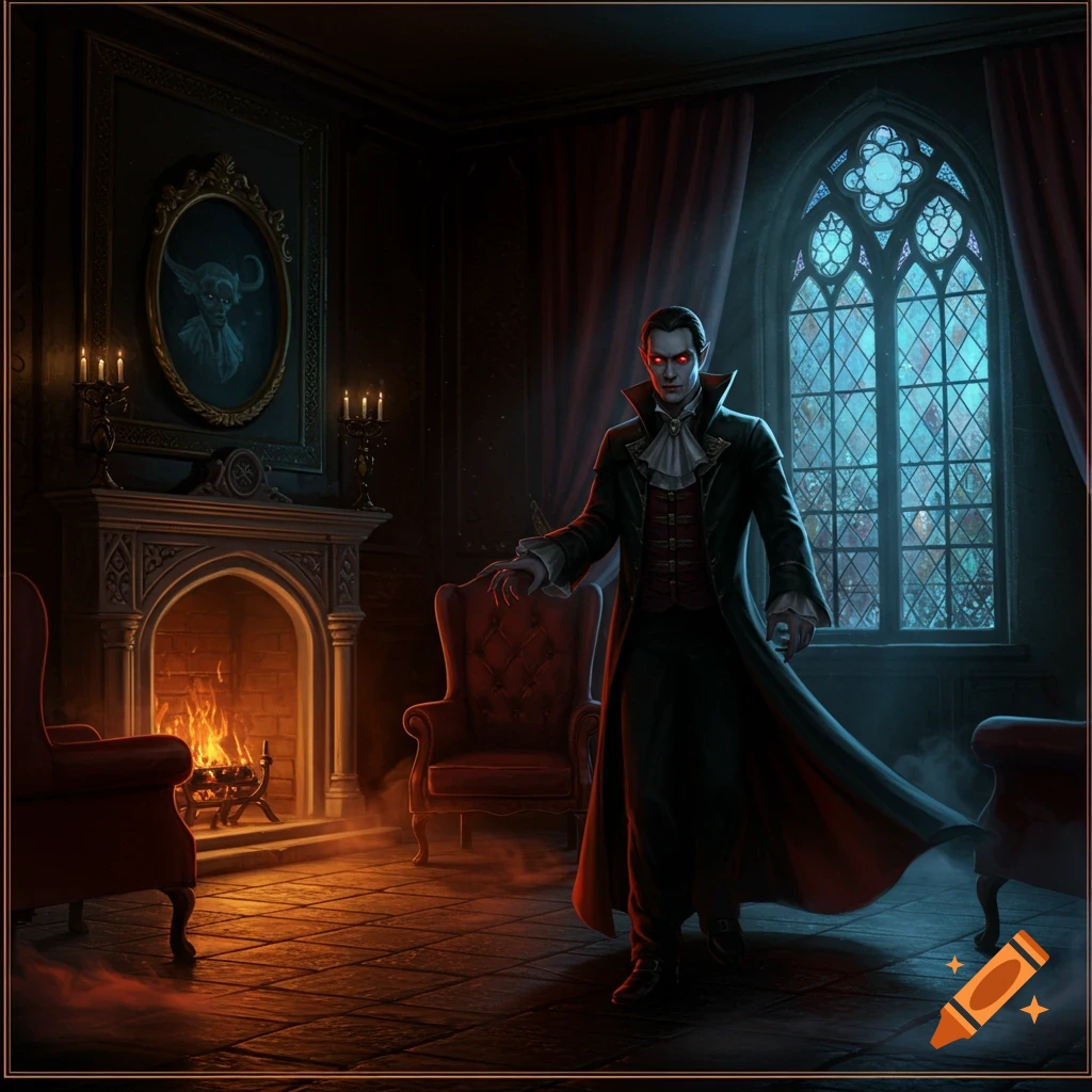 A male vampire with glowing red eyes stands in a dark gothic room with a fireplace and an ornate window.