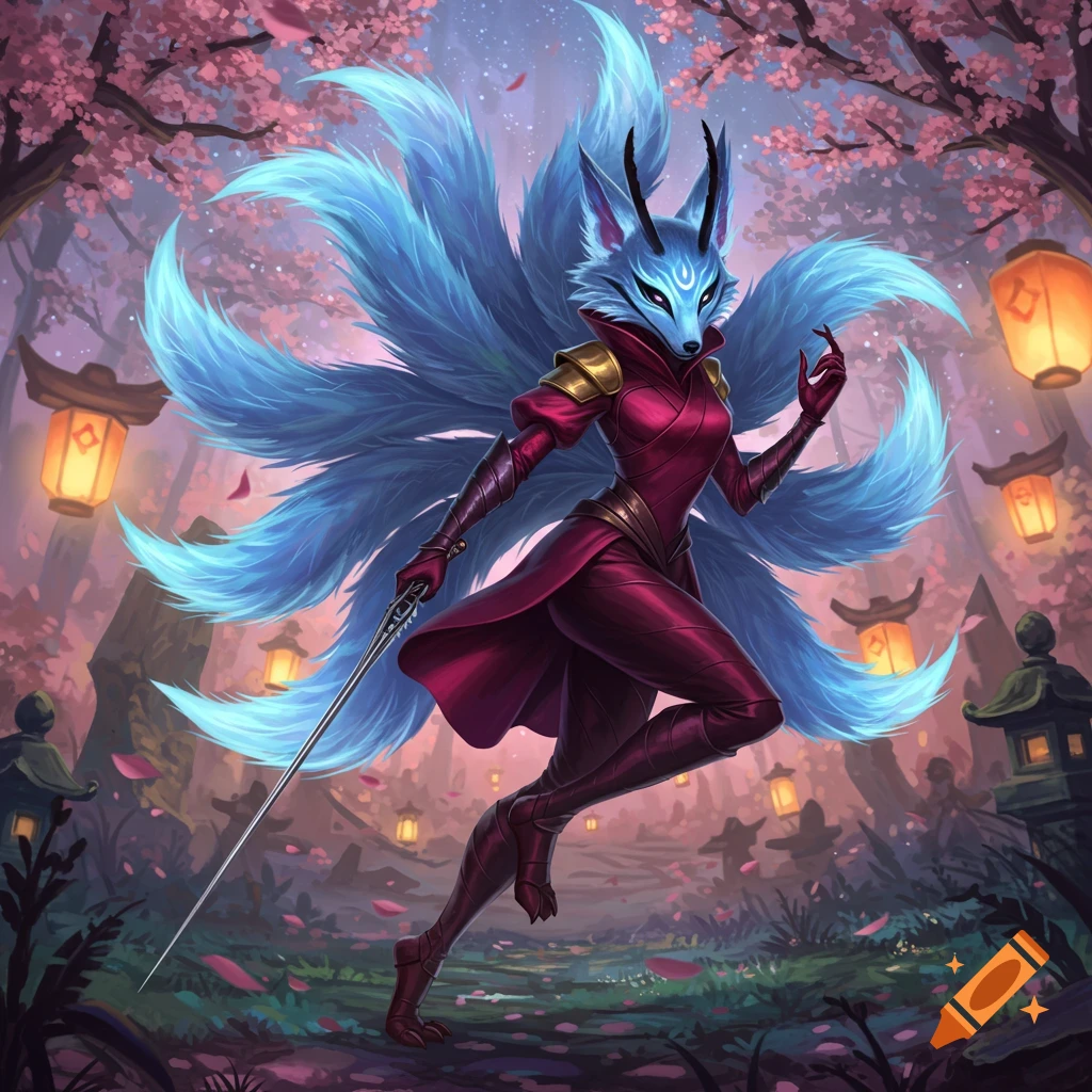 A blue kitsune warrior in red armor and many tails holds a sword in a magical cherry blossom forest with glowing lanterns.