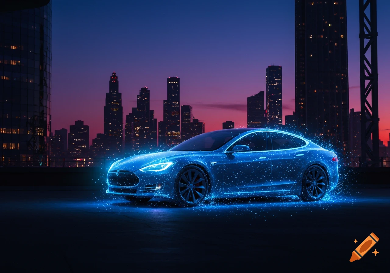 A futuristic blue sparkling Tesla car against a city skyline at dusk.