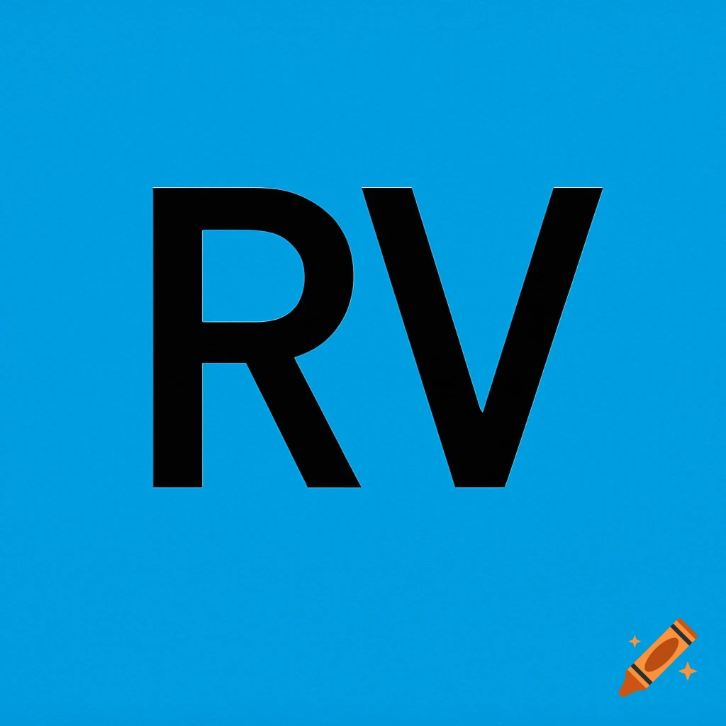 Black letters 'RV' on a bright blue square background.