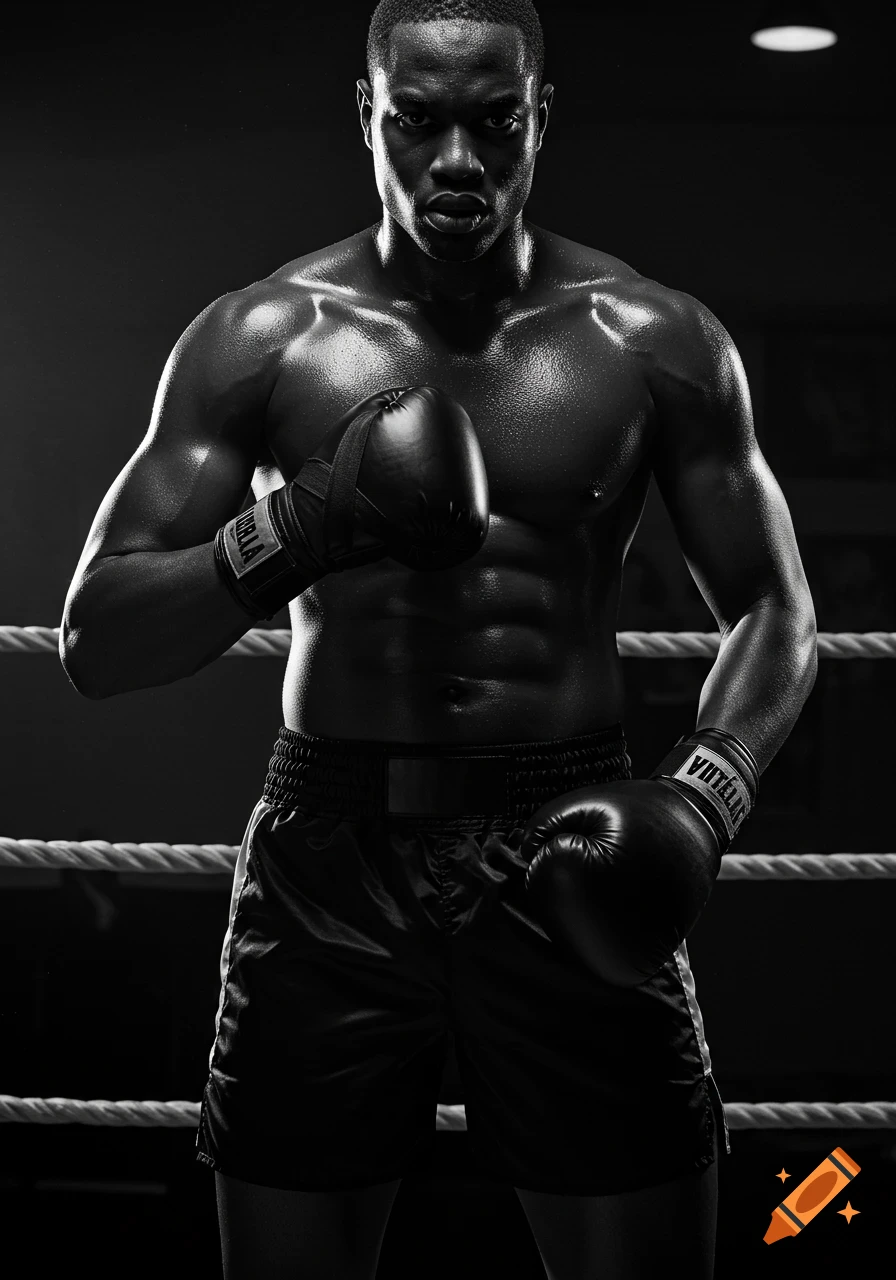 A dramatic black and white cinematic portrait of a muscular, sweating boxer in the ring, wearing gloves.
