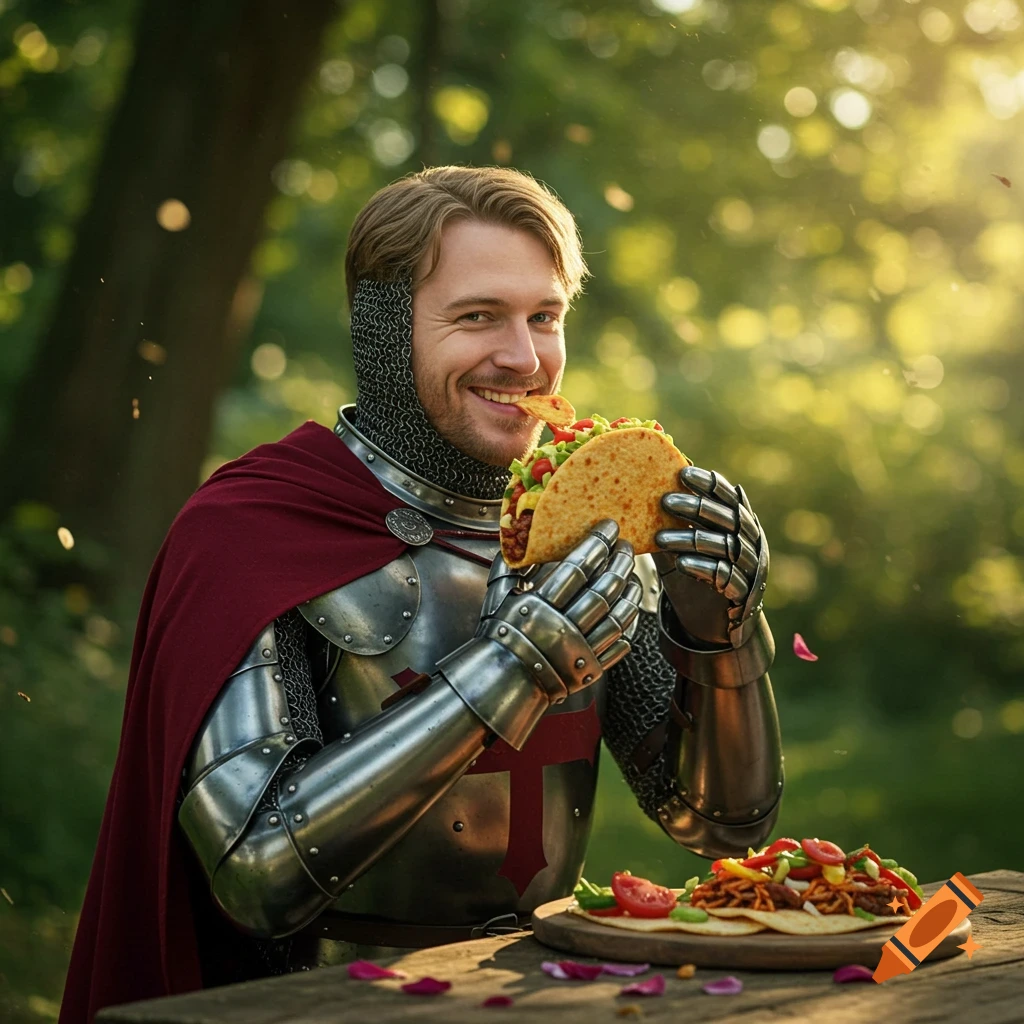 A whimsical photorealistic image of a smiling knight in full armor and a red cape eating a taco at a wooden table in a sunny forest.