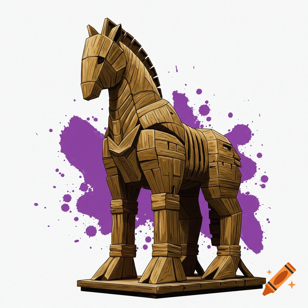 A stylized wooden Trojan horse stands on a base with purple paint splashes on a white background.