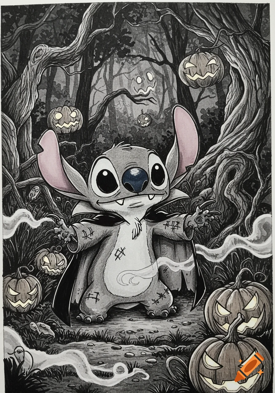 A black and white drawing of Stitch dressed as a vampire in a spooky forest with glowing jack-o'-lanterns and ghostly wisps.
