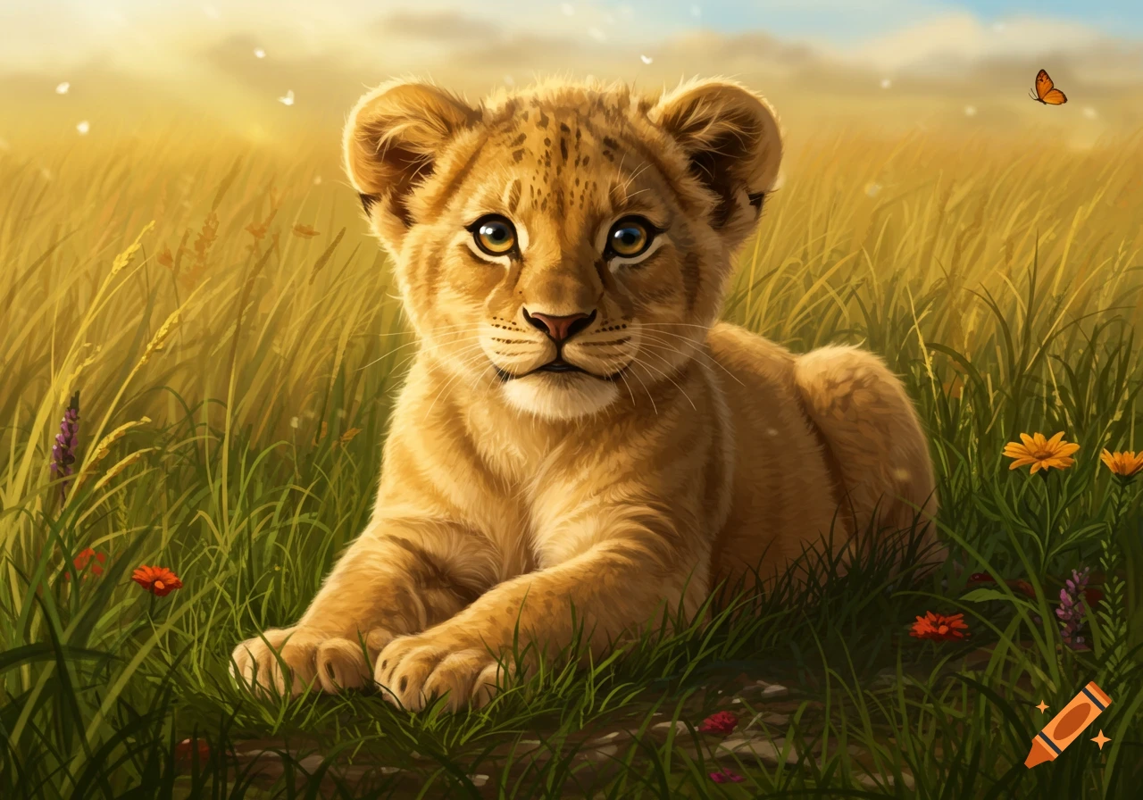 A cute illustrated lion cub lies in a golden field with green grass and wildflowers, looking forward.