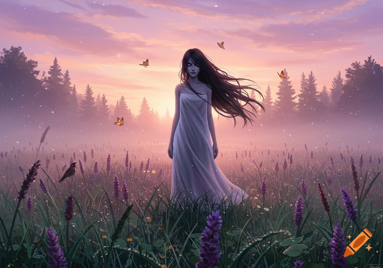 A pale-skinned woman with long dark hair, wearing a white flowing gown, stands in a vibrant purple flower field at sunset, with butterflies.