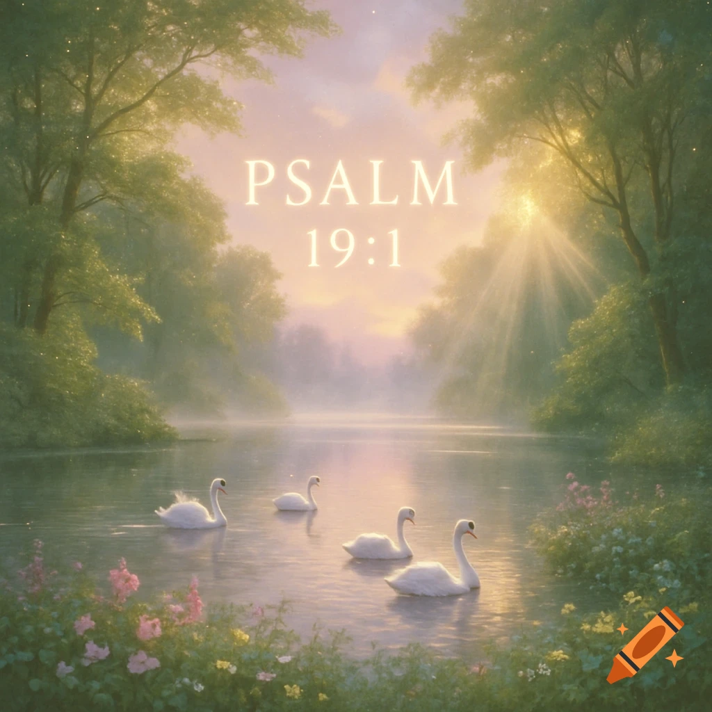 Sunlit, misty landscape with swans on a calm lake, surrounded by lush trees and flowers. "PSALM 19:1" in the sky.