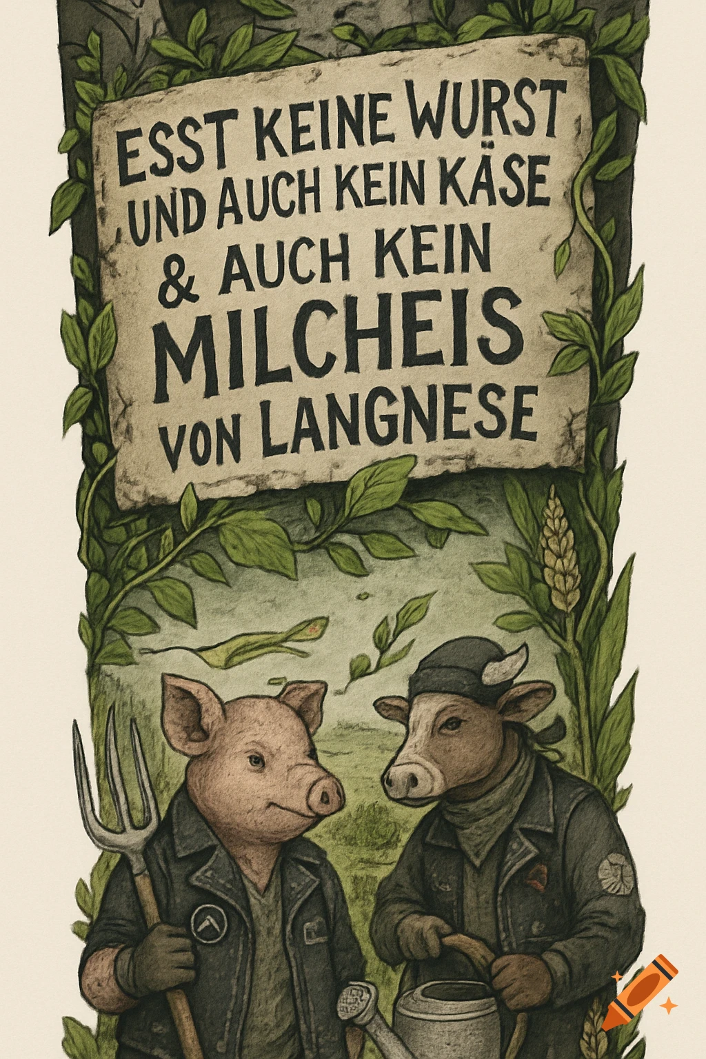 An anthropomorphic pig with a pitchfork and a cow with a watering can stand under a sign that reads: 'Eat no sausage, no cheese, & no milk ice cream from Langnese'.