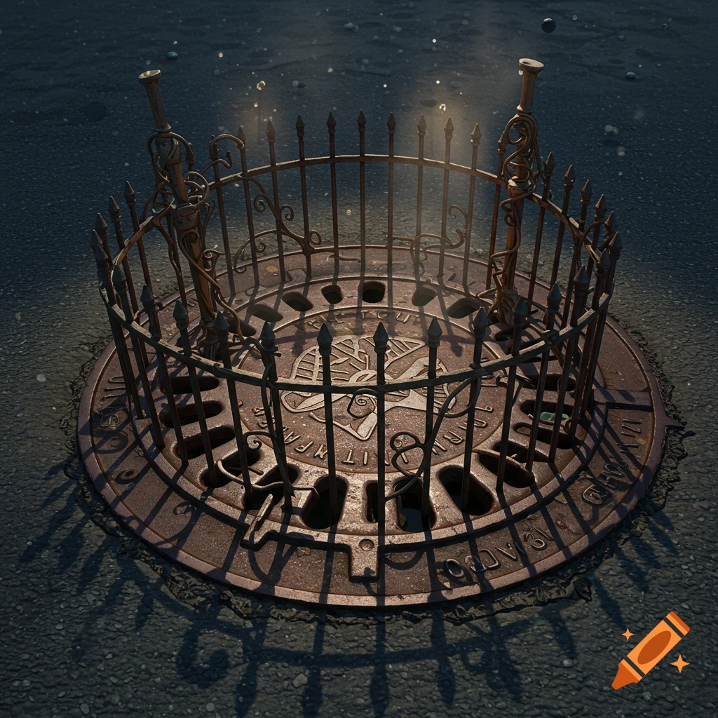 A weathered manhole cover on asphalt, encircled by an ornate wrought iron fence with glowing accents.