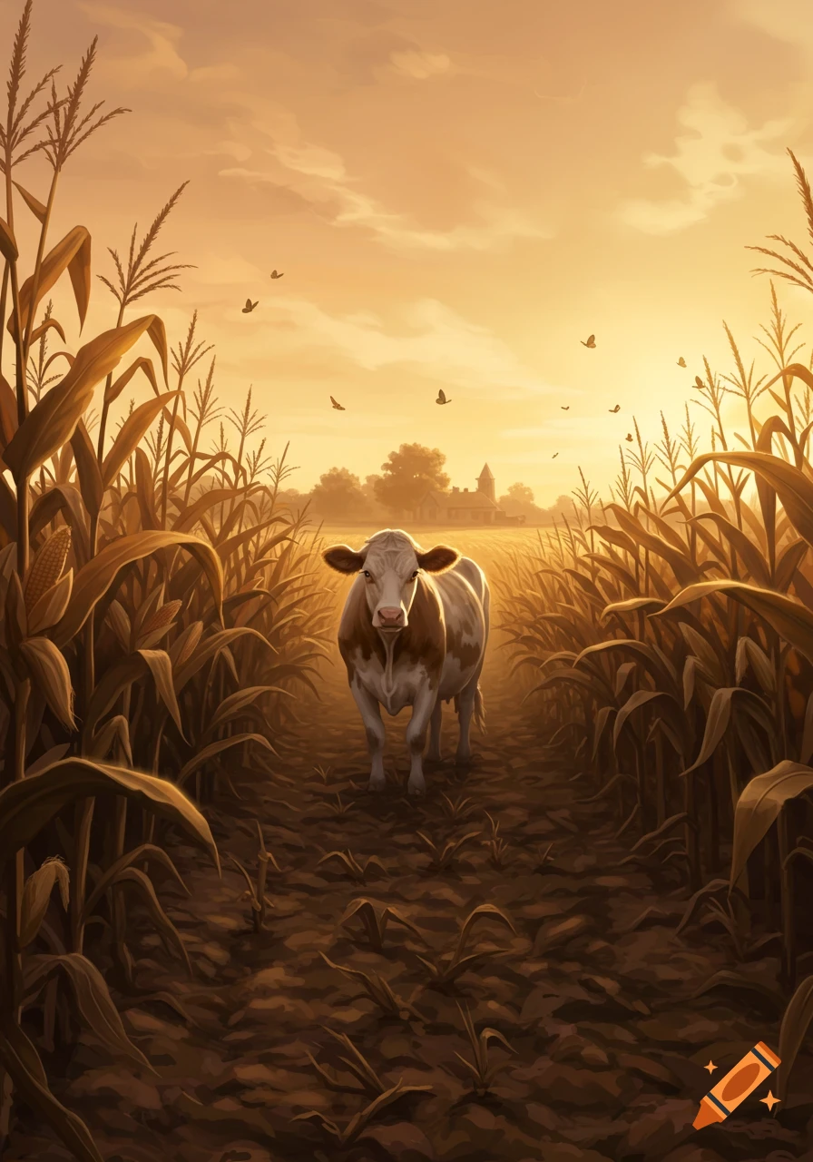 A brown and white cow stands in a sunlit path through a tall cornfield at sunset, with a farmhouse in the distance. Digital art.