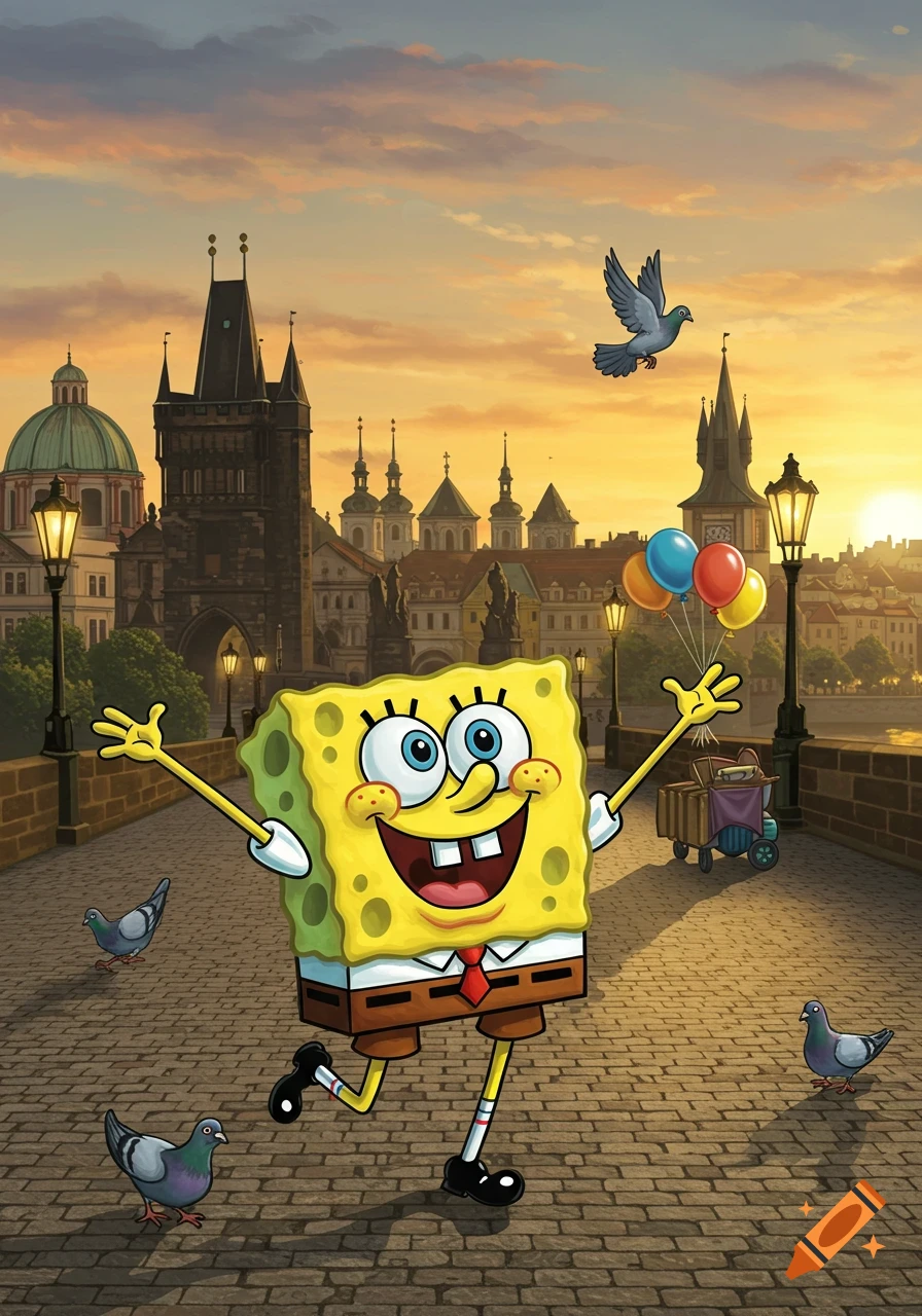 Happy SpongeBob SquarePants waves on Prague's Charles Bridge at sunset, with pigeons and historic city architecture.