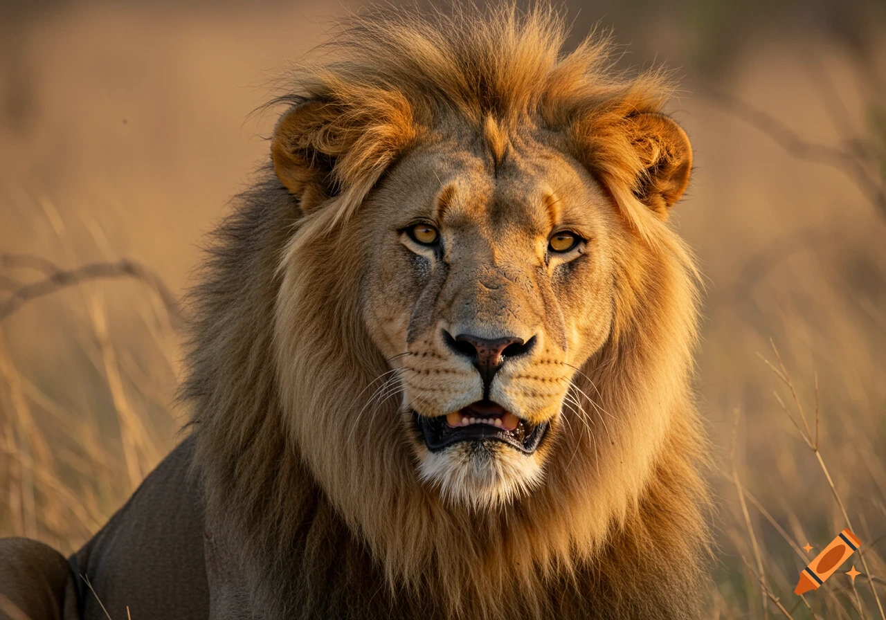 Close-up photorealistic portrait of a majestic male lion with a golden mane looking directly forward against a soft, sunlit background.
