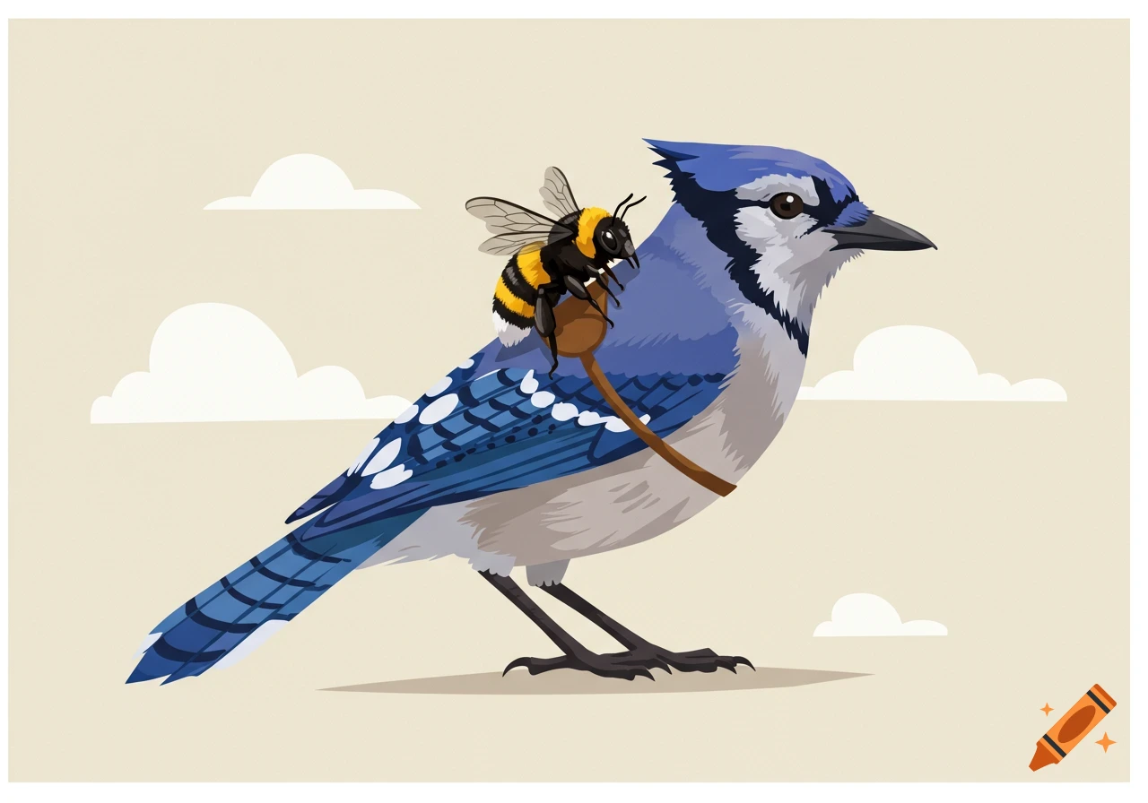 An illustration of a bumblebee riding a blue jay on a saddle under a cloudy sky.