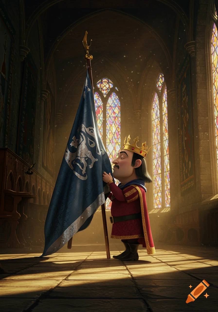 A stylized king in a red robe and crown kisses a blue flag with a silver emblem in a grand, sunlit cathedral.