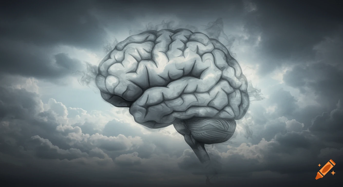 A human brain made of grey matter and smoke, set against a dramatic, stormy grey and blue cloudy sky.