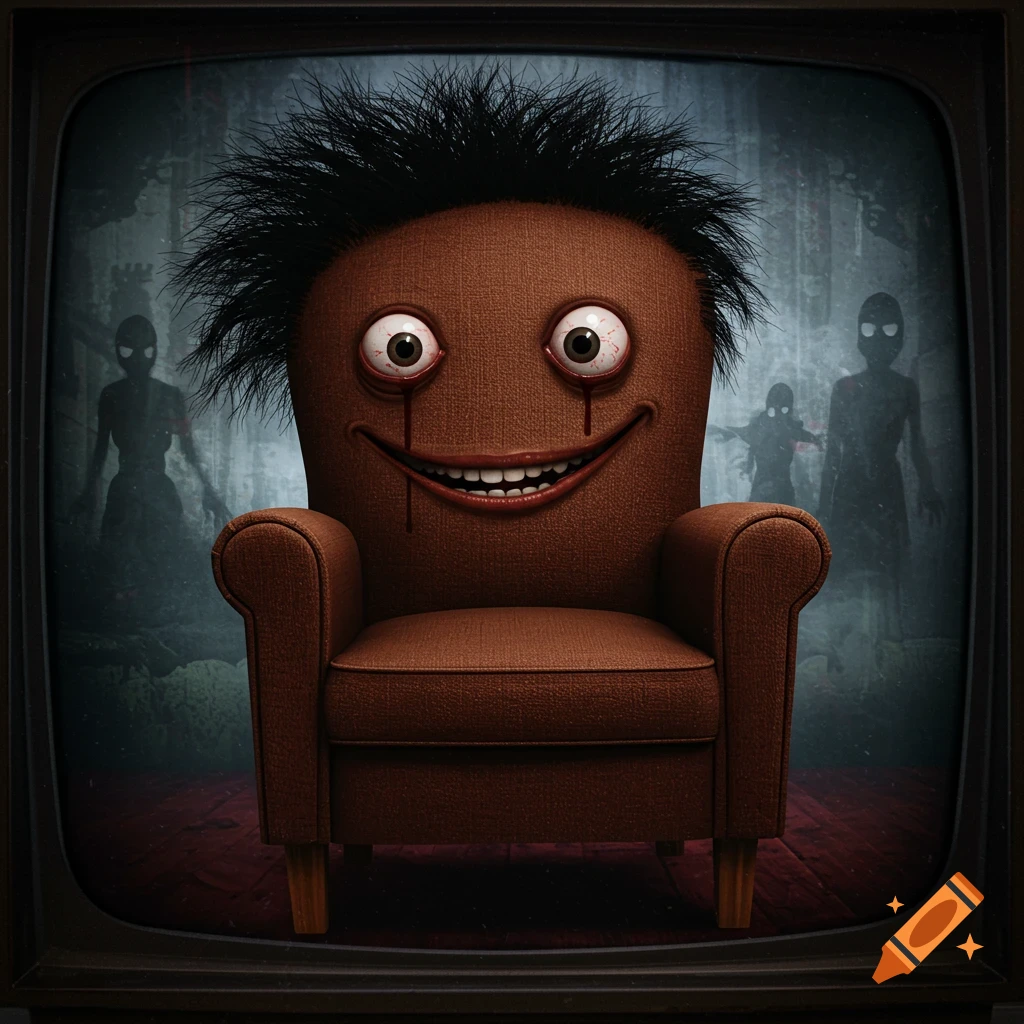 A creepy brown armchair with bloodshot eyes, bloodstains, a wide smile, and wild black hair, on a vintage TV screen with shadowy figures in the background.