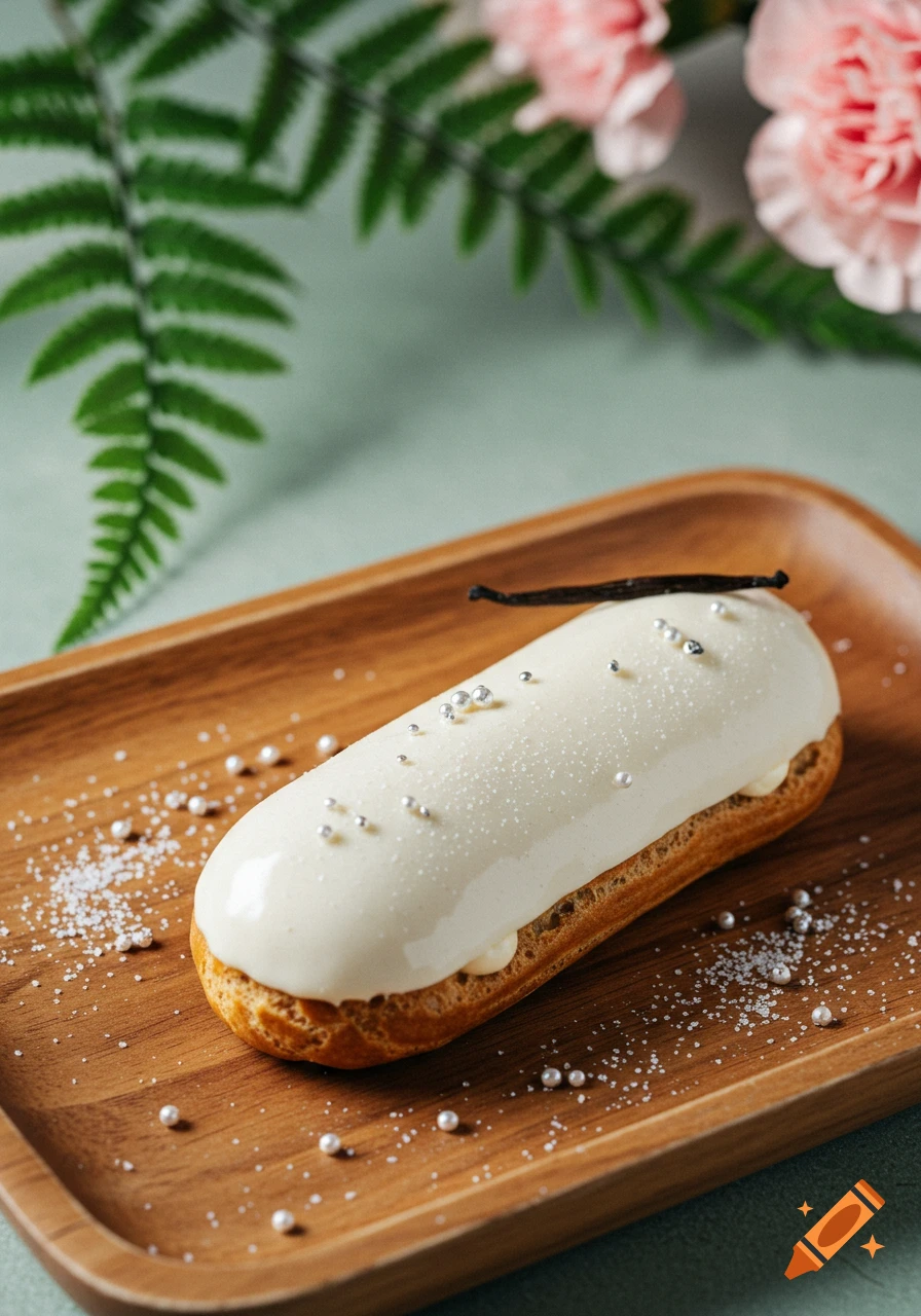 A white-glazed eclair with silver sprinkles and a vanilla bean on a wooden tray, with blurred greenery and pink flowers.