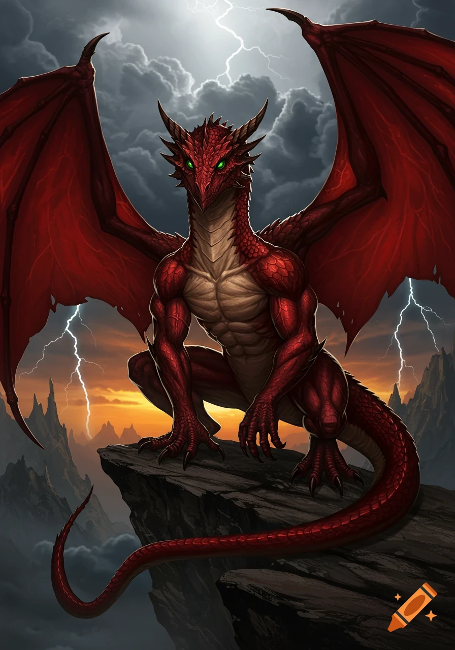A muscular dark red wyvern with green eyes and a beige underbelly perches on a rocky cliff during a lightning storm.