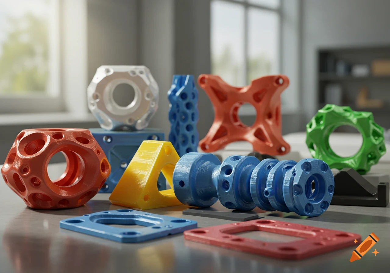 A collection of colorful 3D printed geometric objects with intricate designs on a table in a bright room.