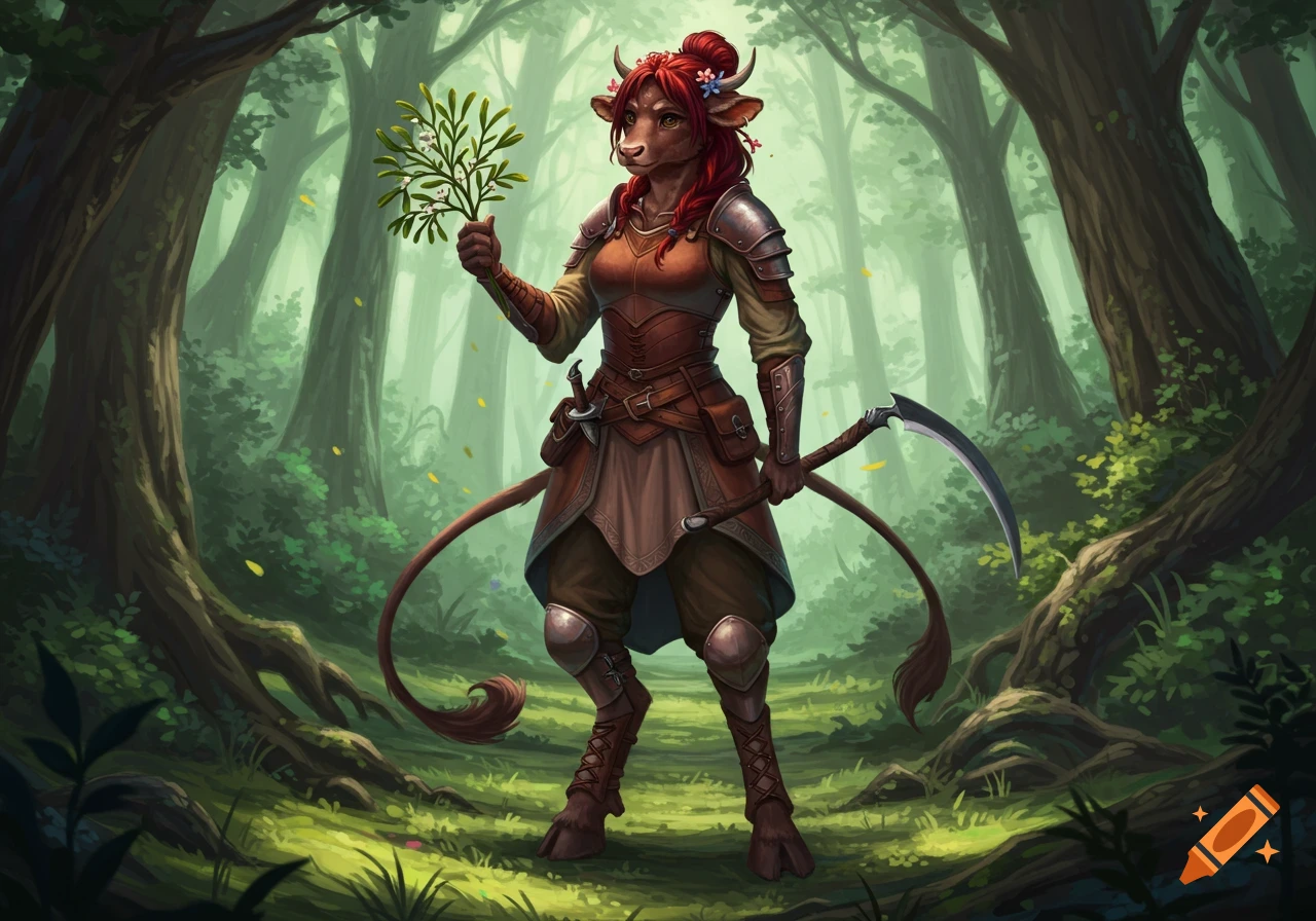 A female Firbolg druid with red hair and brown fur stands in an enchanted forest, holding a mistletoe branch and a sickle.