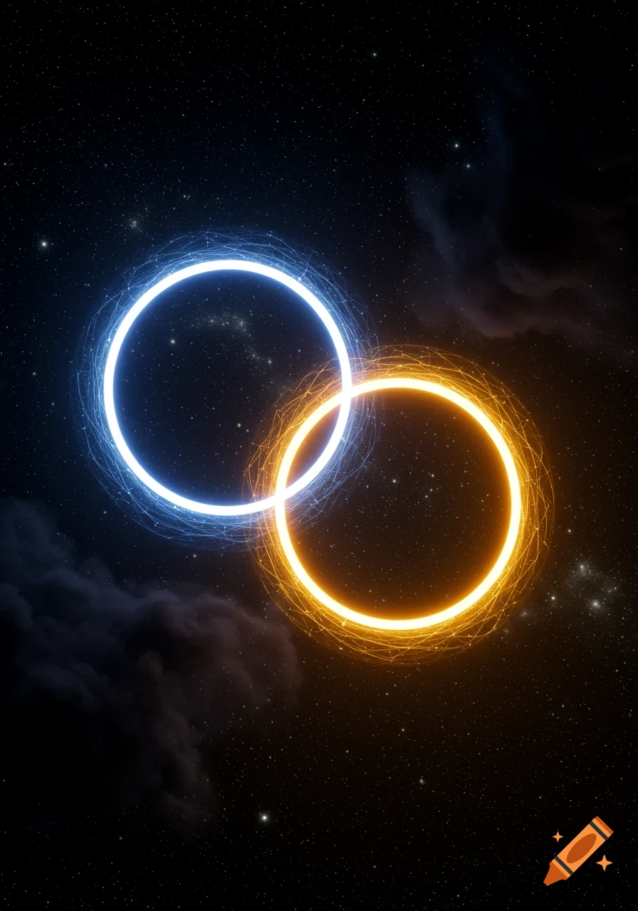 Two intertwined glowing rings, one blue and one orange, against a dark starry space background with wisps of nebula.